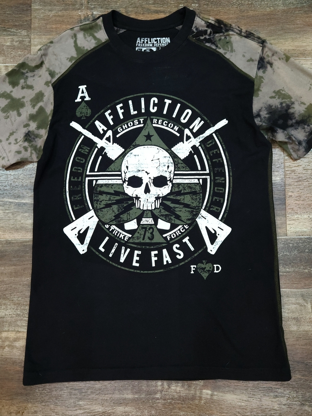 Affliction Freedom Defender Skull Graphic T-Shirt XL Black/Camo Live Fast 